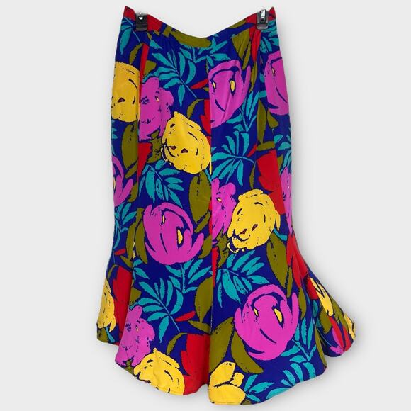 Vintage Silk Midi Skirt Size 14 Fit and Flare Blue Bold Florals Tropical Boho - Picture 1 of 6